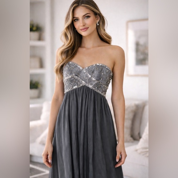 David's Bridal Dresses & Skirts - Dusty Directions Strapless Beaded Maxi Gown Silver Gray Size 4